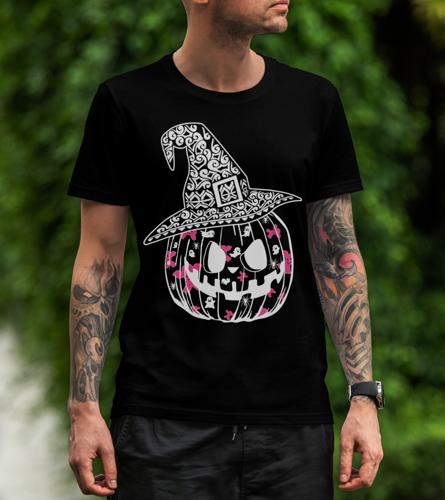Halloween Carved Pumpkin With Pink Ribbon And Witch Hat For Breast Cancer Awareness T-Shirt