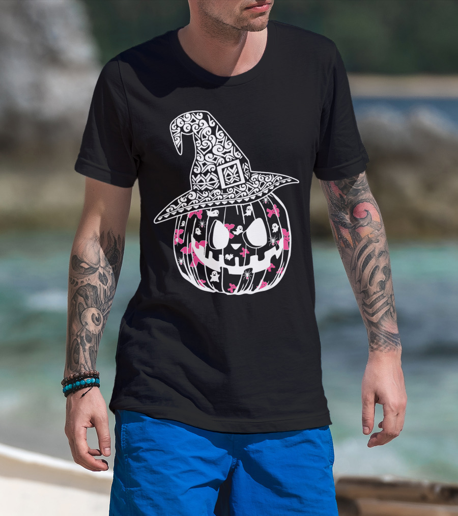 Halloween Carved Pumpkin With Pink Ribbon And Witch Hat For Breast Cancer Awareness T-Shirt