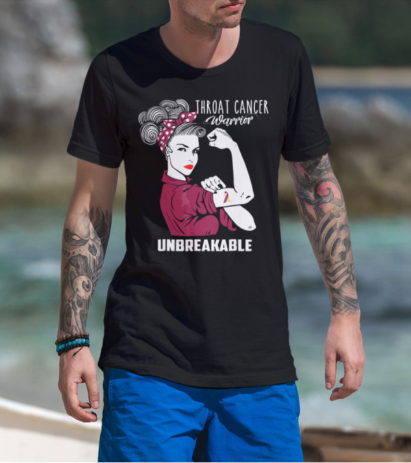 Throat Cancer Warrior Unbreakable Rosie The Riveter Ribbon Empowerment T-Shirt