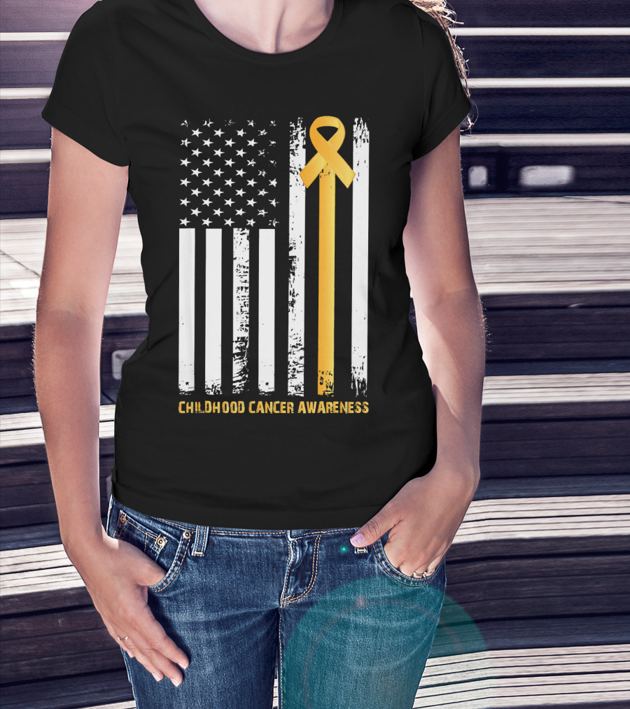 Childhood Cancer Awareness Gold Ribbon American Flag T-Shirt