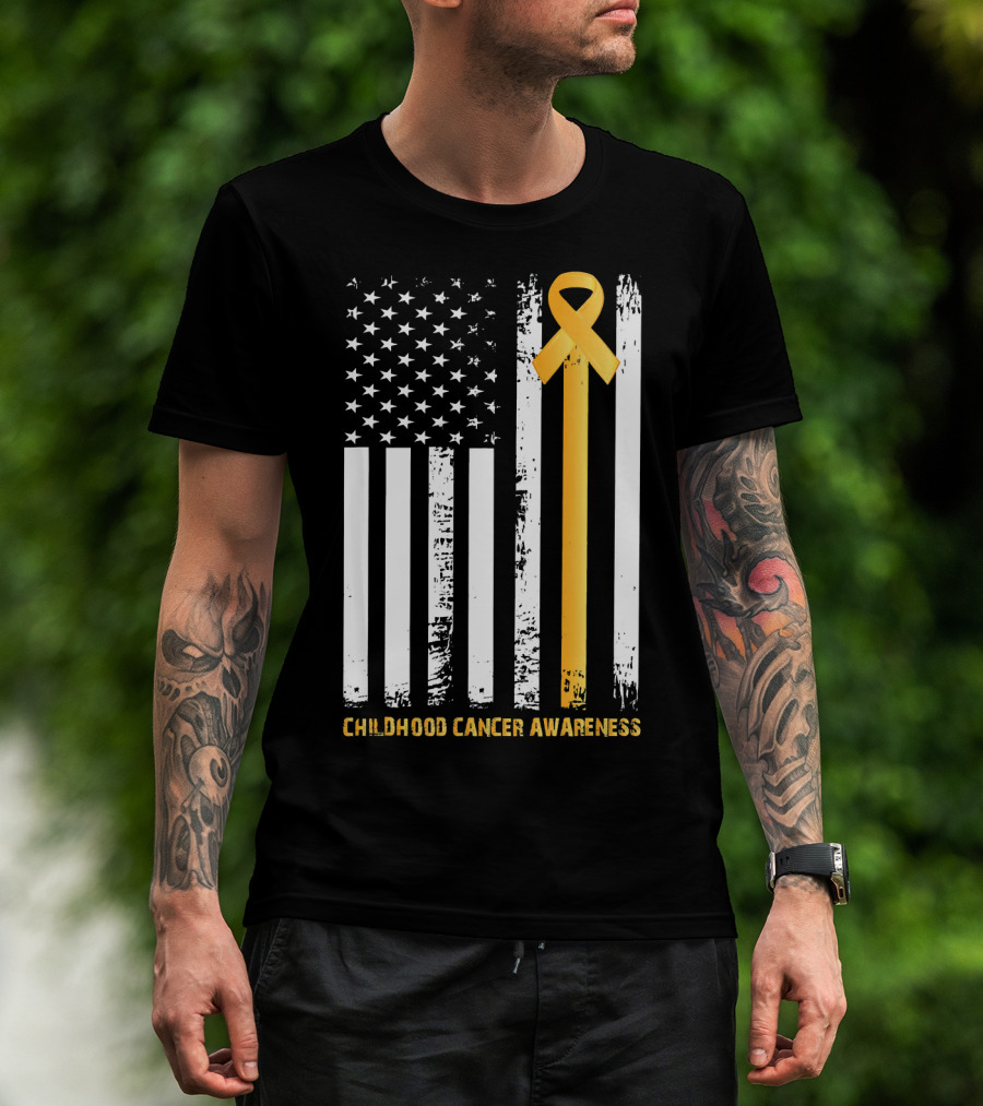 Childhood Cancer Awareness Gold Ribbon American Flag T-Shirt