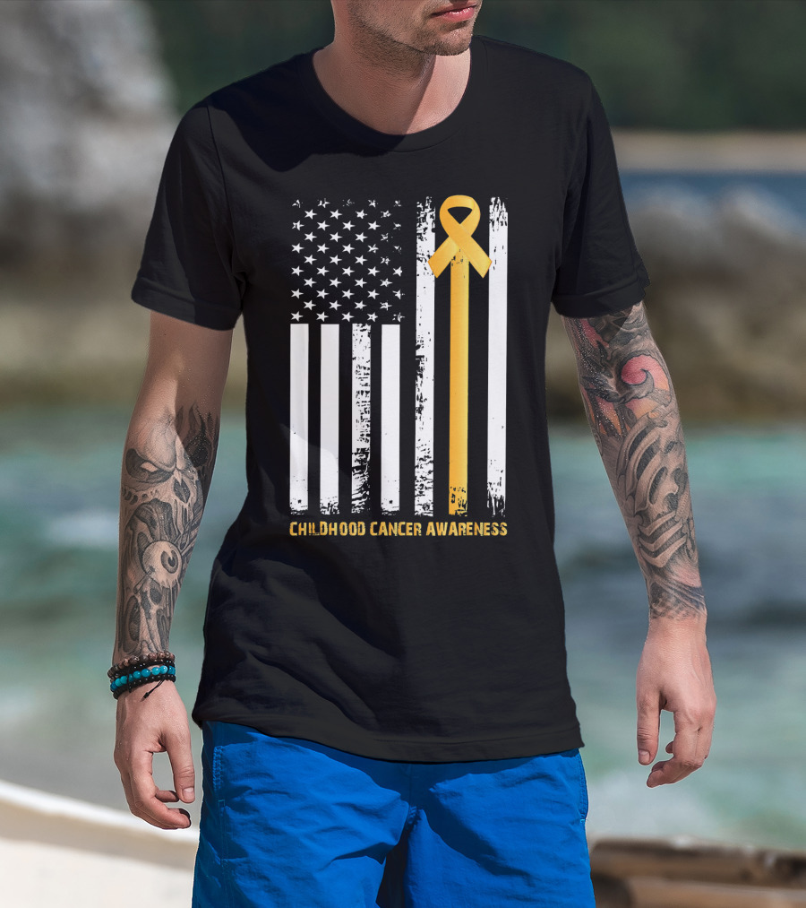Childhood Cancer Awareness Gold Ribbon American Flag T-Shirt