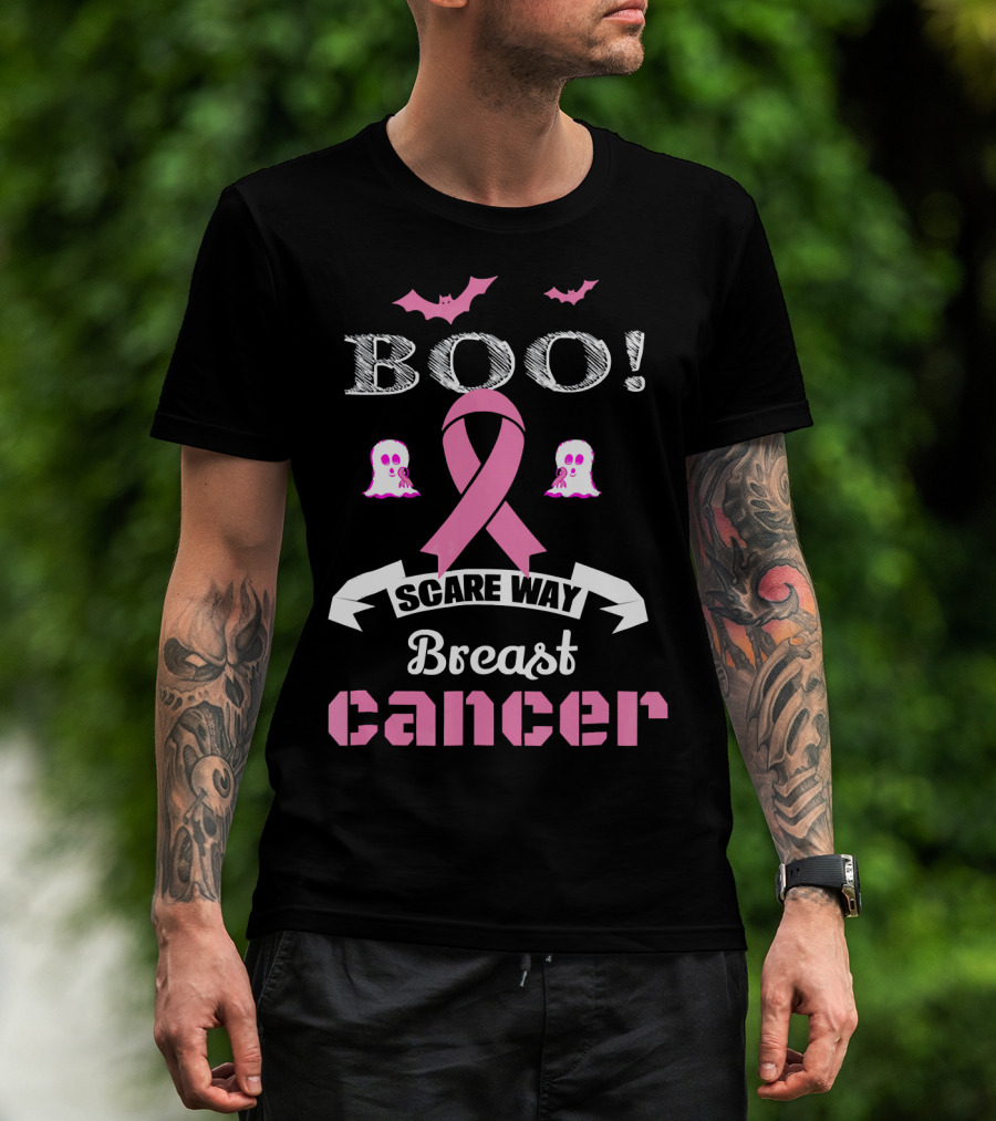 BOO Scare Away Breast Cancer Pink Ribbon Bats Ghosts T-Shirt