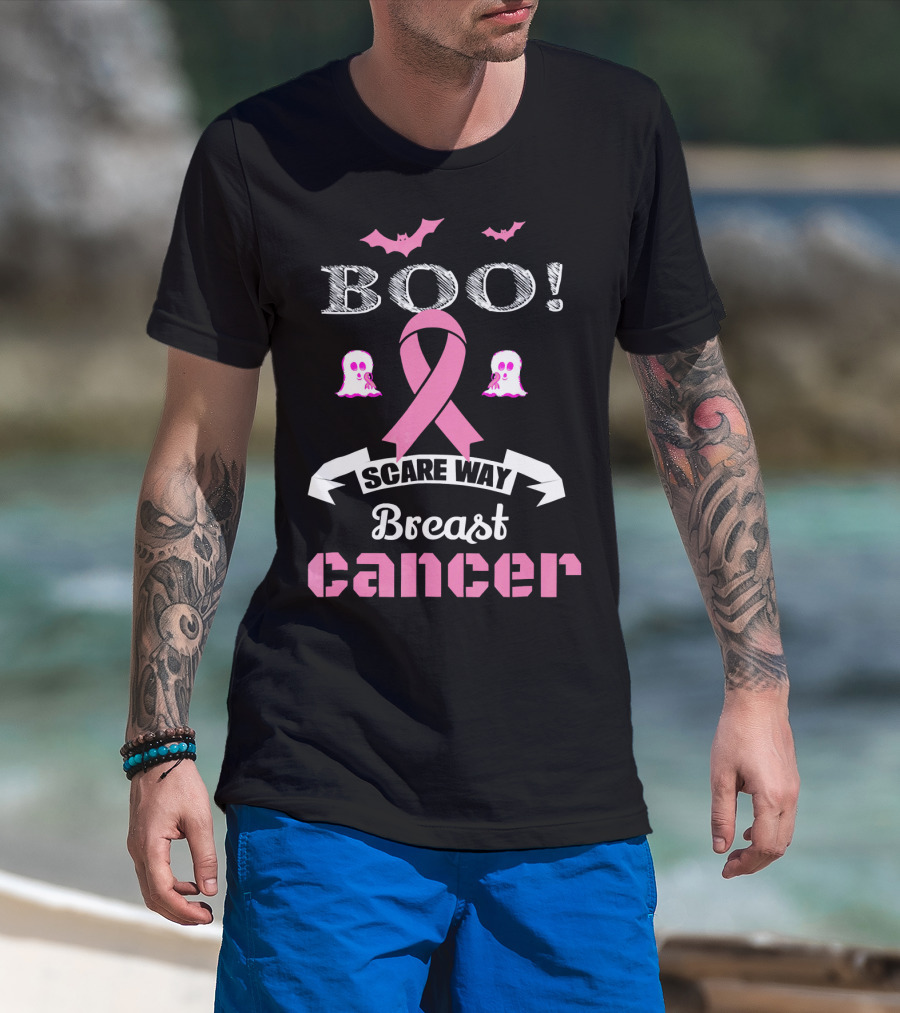 BOO Scare Away Breast Cancer Pink Ribbon Bats Ghosts T-Shirt