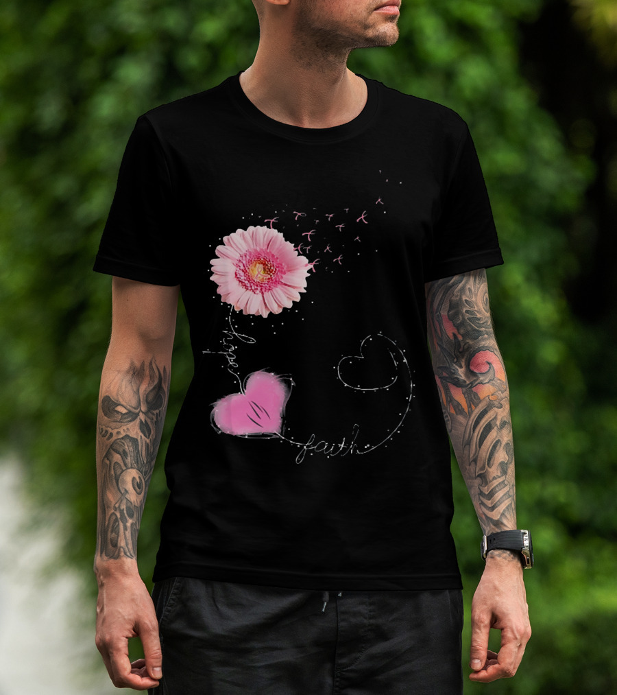 Hope Faith Pink Flower Hearts Breast Cancer Awareness T-Shirt