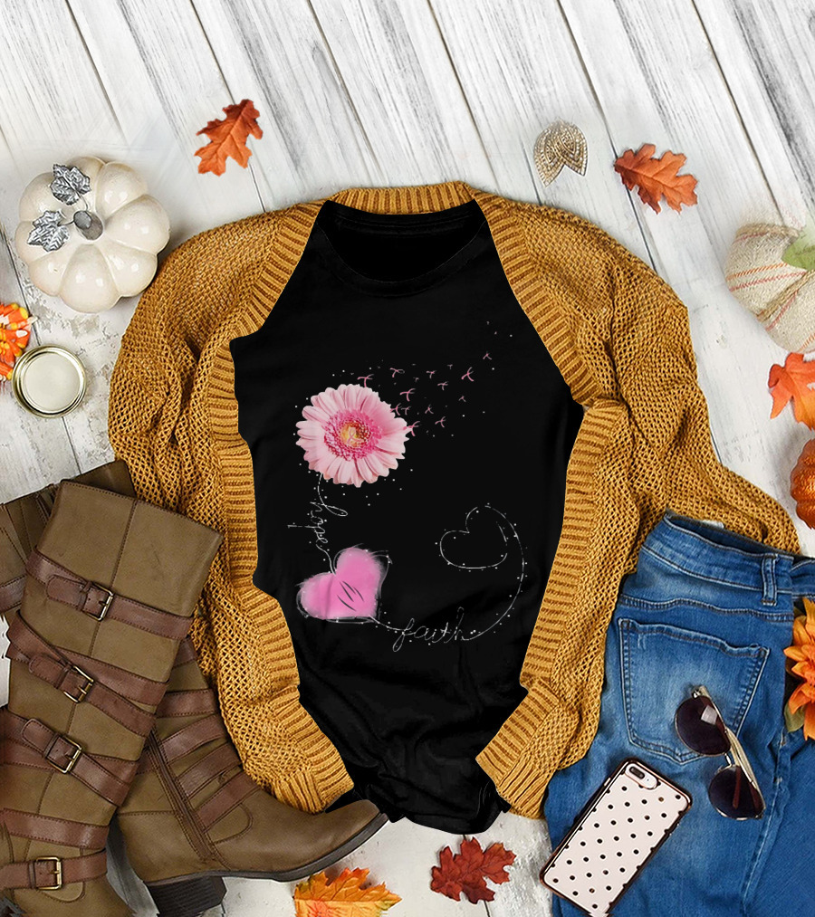 Hope Faith Pink Flower Hearts Breast Cancer Awareness T-Shirt