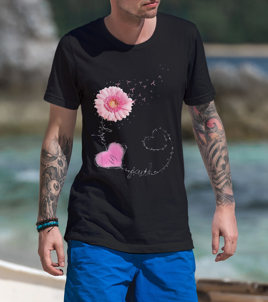 Hope Faith Pink Flower Hearts Breast Cancer Awareness T-Shirt