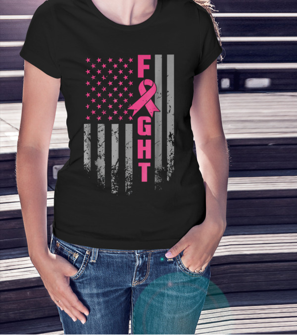 Breast Cancer Awareness American Flag Fight T-Shirt