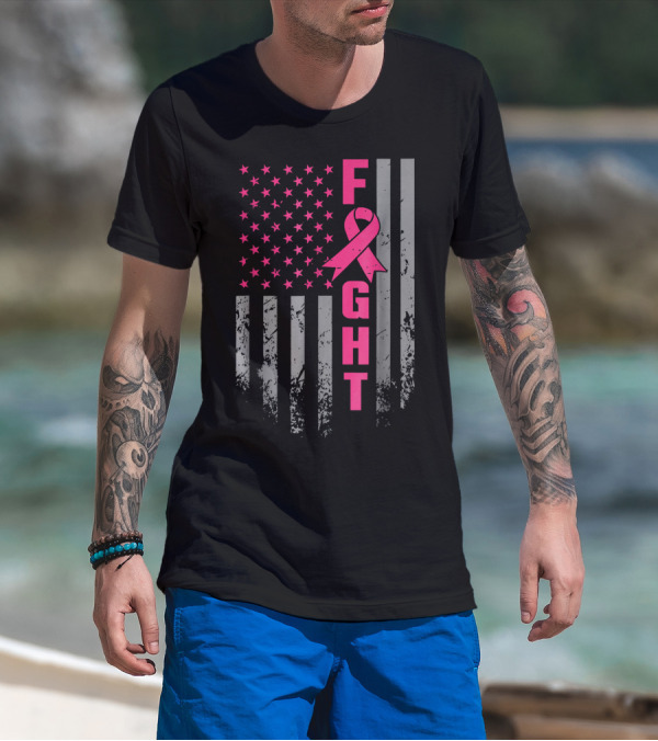 Breast Cancer Awareness American Flag Fight T-Shirt