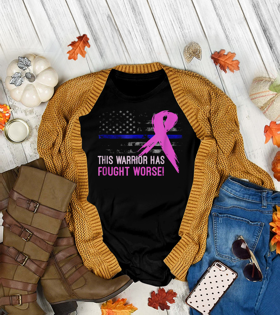Thin Blue Line American Flag Pink Ribbon This Warrior Has Fought Worse T-Shirt