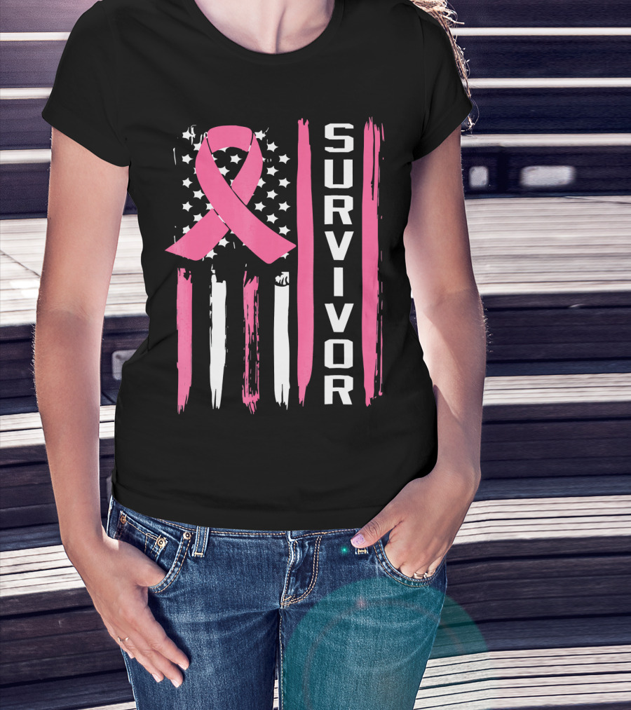 Survivor Breast Cancer Ribbon American Flag T-Shirt