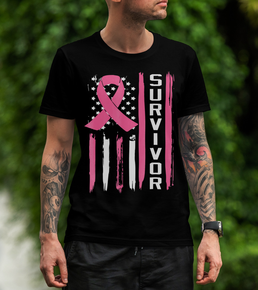 Survivor Breast Cancer Ribbon American Flag T-Shirt