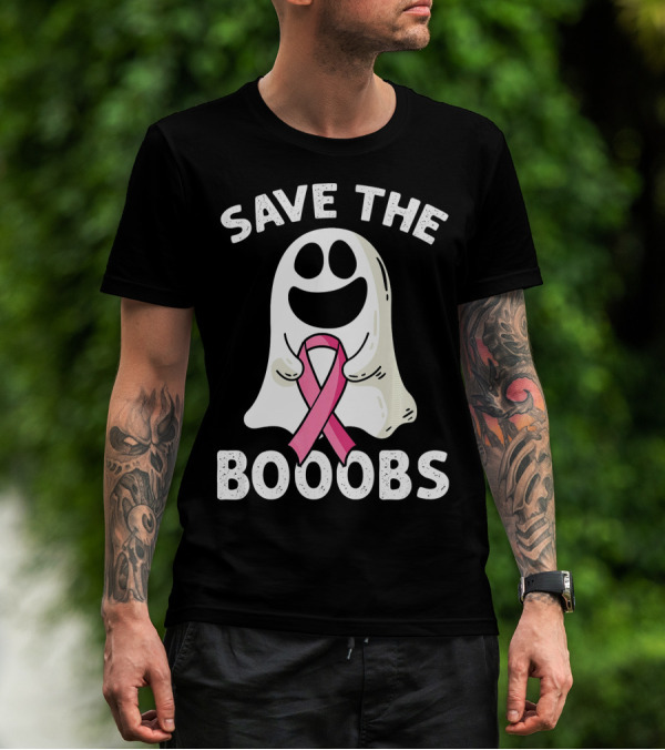 Save The Boooobs Funny Ghost Pink Ribbon Breast Cancer Awareness T-Shirt