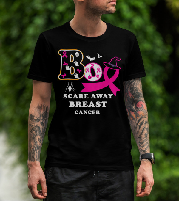 Halloween Boo With Pink Ribbon Scare Away Breast Cancer T-Shirt