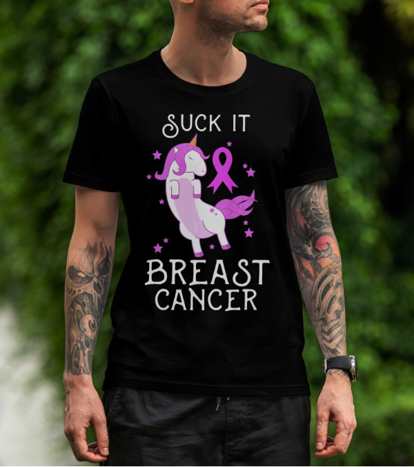 Suck It Breast Cancer Unicorn Awareness Ribbon Stars T-Shirt
