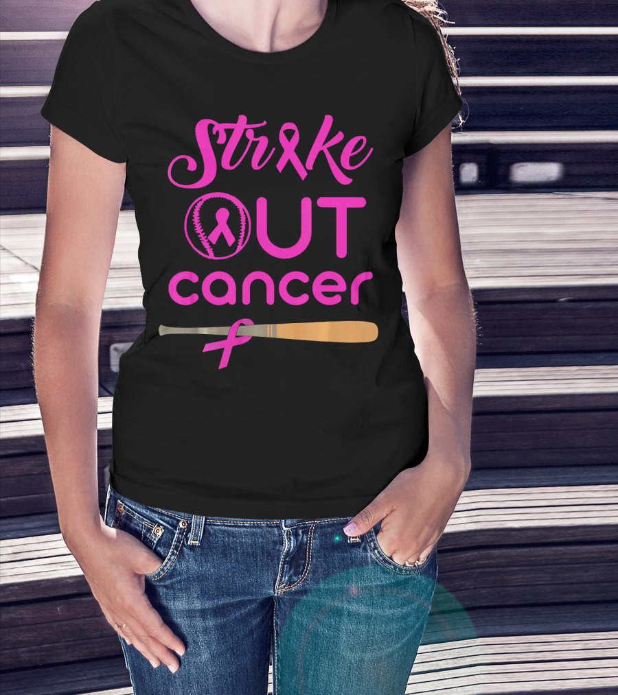 Strike Out Cancer Pink Ribbon Baseball Bat T-Shirt