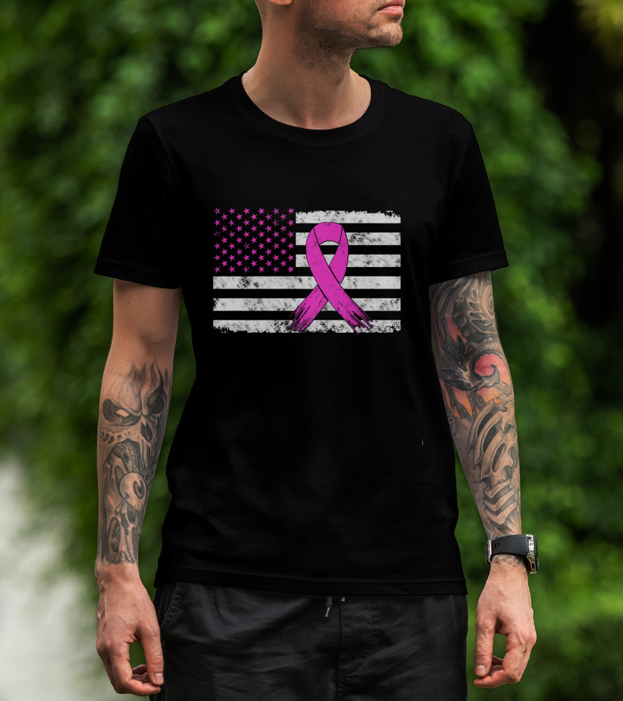 Distressed Pink Ribbon Breast Cancer Awareness American Flag T-Shirt