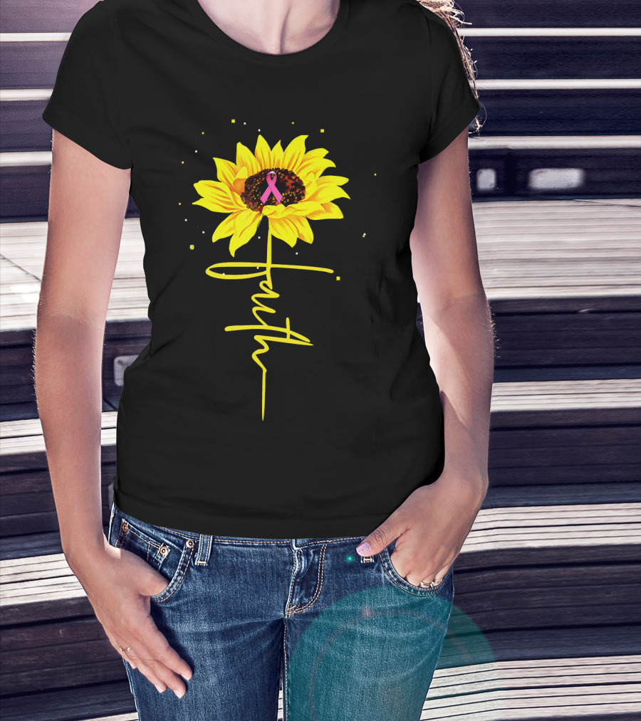 Faith Sunflower Pink Ribbon Breast Cancer Awareness T-Shirt