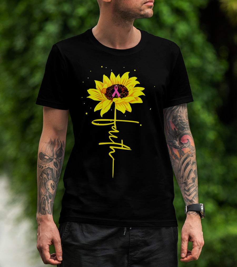 Faith Sunflower Pink Ribbon Breast Cancer Awareness T-Shirt
