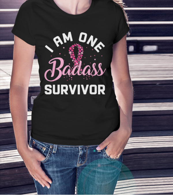 I Am One Badass Survivor Breast Cancer Ribbon Floral T-Shirt