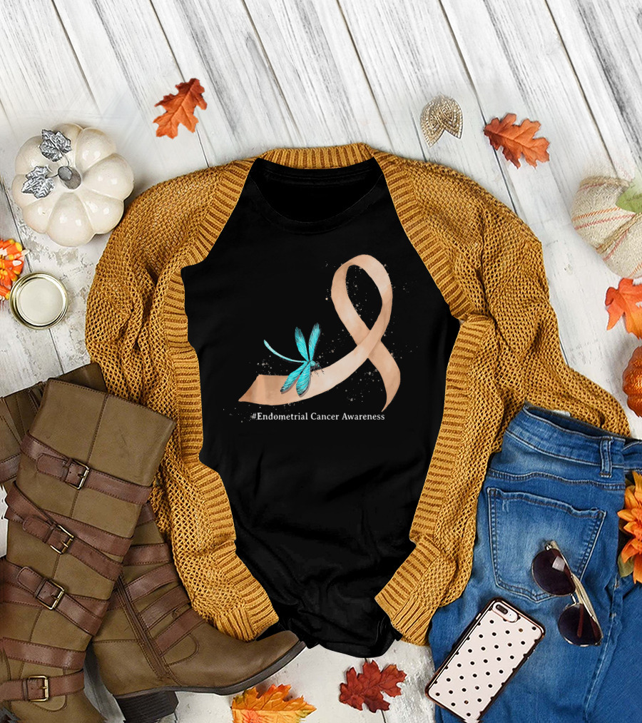Hippie Dragonfly Peach Ribbon #Endometrial Cancer Awareness T-Shirt