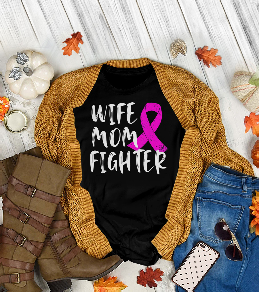Wife Mom Fighter Pink Ribbon Breast Cancer Awareness T-Shirt