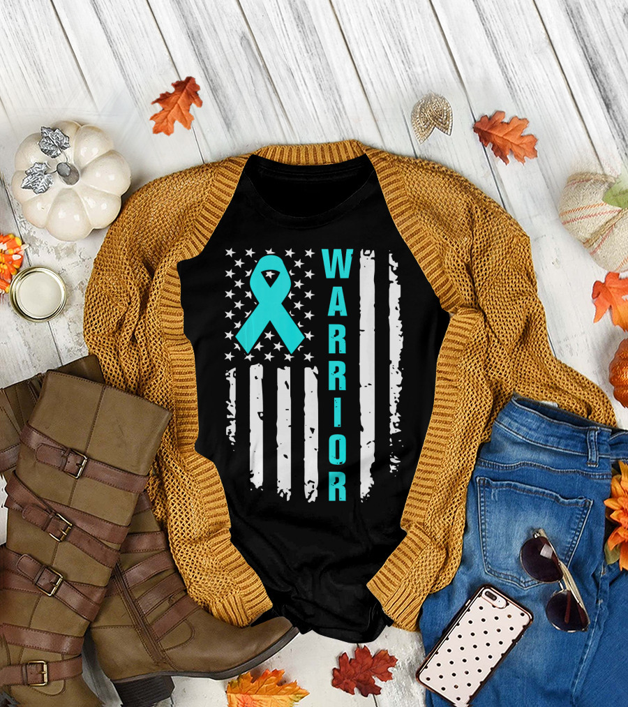 Warrior Teal Ribbon American Flag Ovarian Cancer T-Shirt