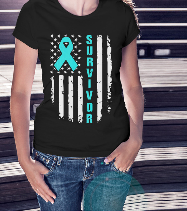 Survivor Ovarian Cancer Awareness American Flag T-Shirt