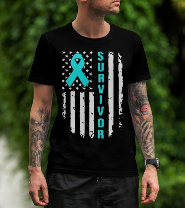 Survivor Ovarian Cancer Awareness American Flag T-Shirt