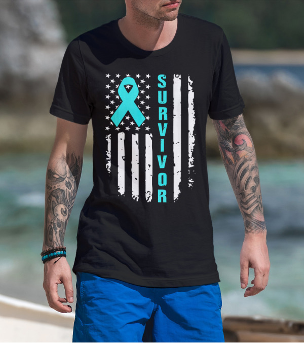 Survivor Ovarian Cancer Awareness American Flag T-Shirt