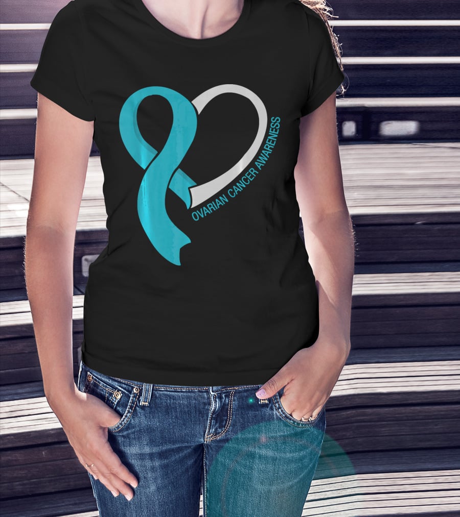 Ovarian Cancer Teal Heart Ribbon Awareness T-Shirt