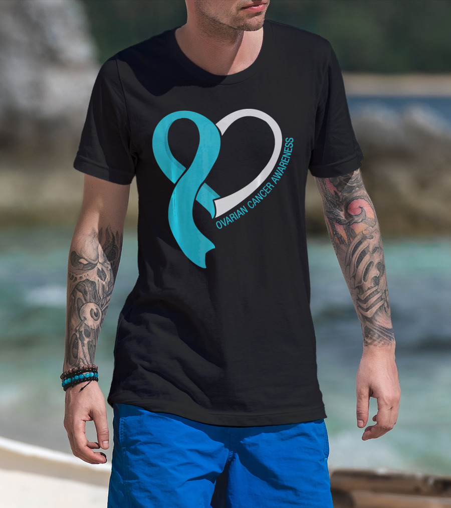 Ovarian Cancer Teal Heart Ribbon Awareness T-Shirt