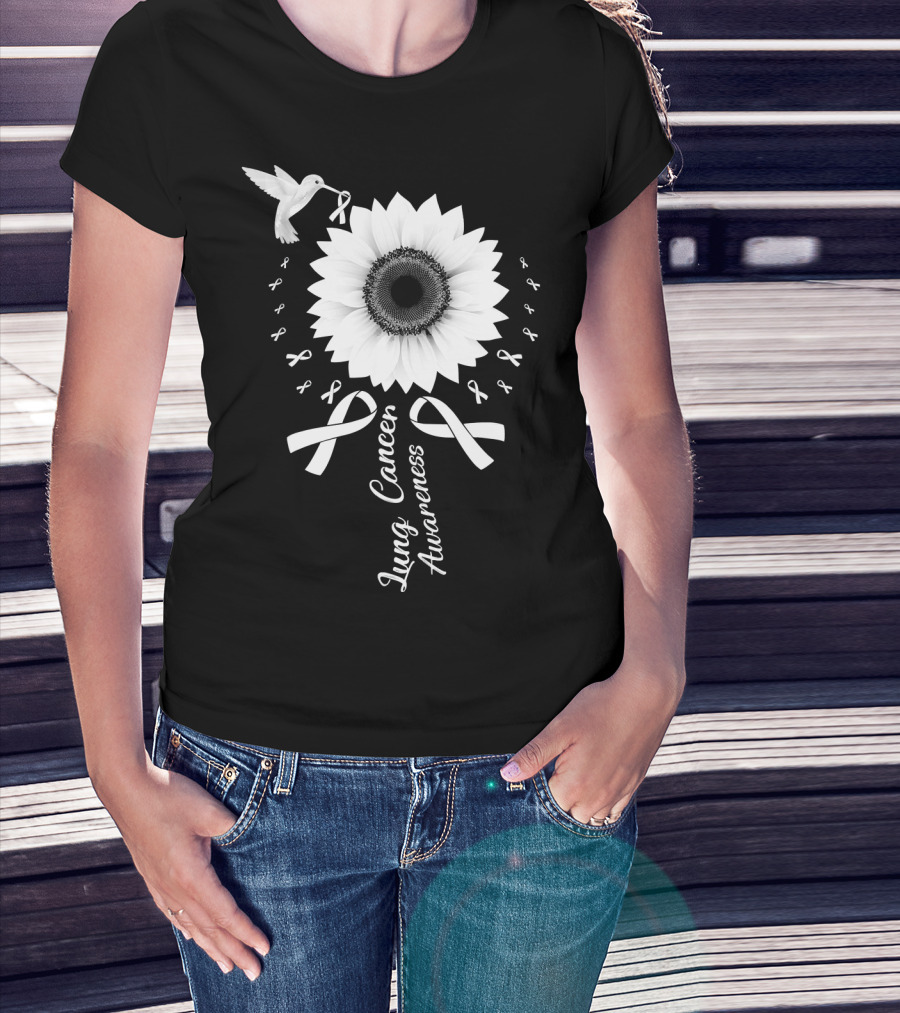 Lung Cancer Awareness Hummingbird Sunflower White T-Shirt