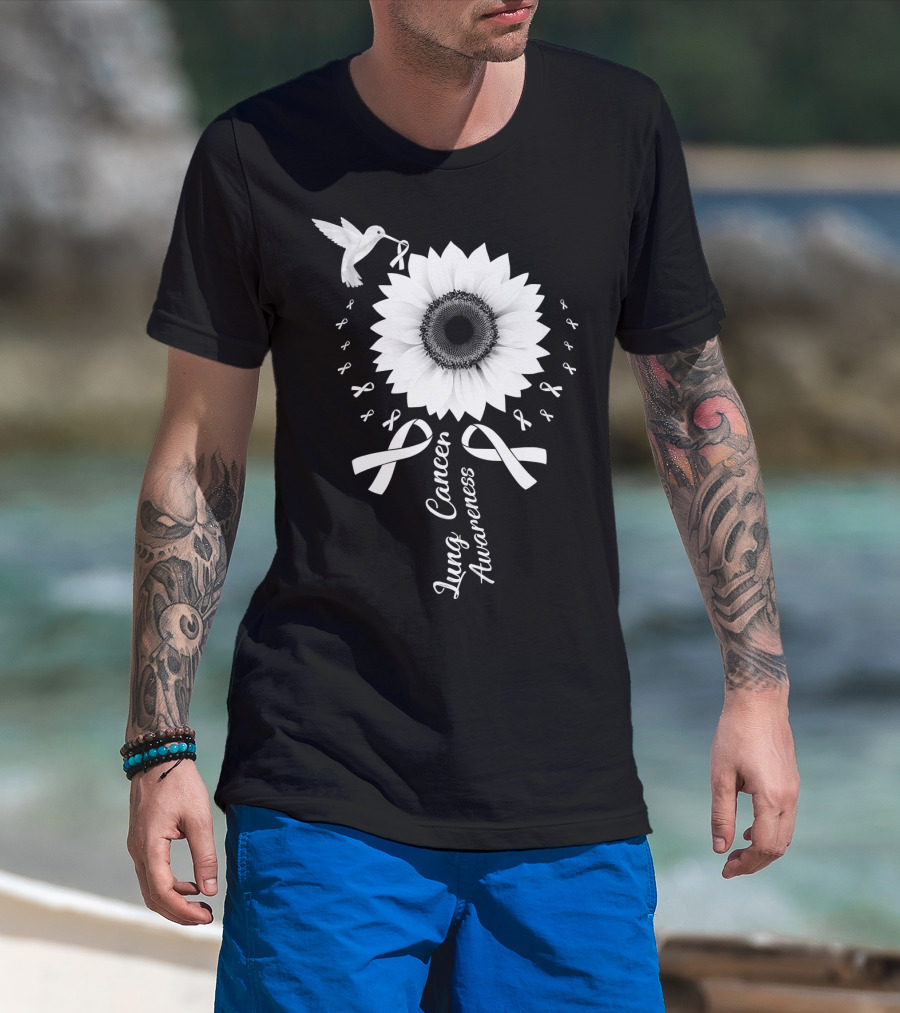 Lung Cancer Awareness Hummingbird Sunflower White T-Shirt
