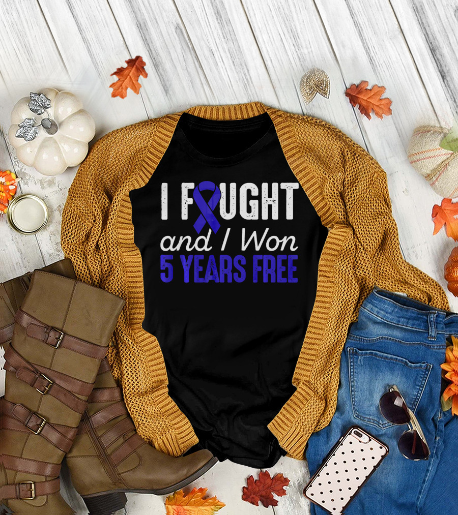 I Fought and I Won 5 Years Free Colon Cancerversary Blue T-Shirt