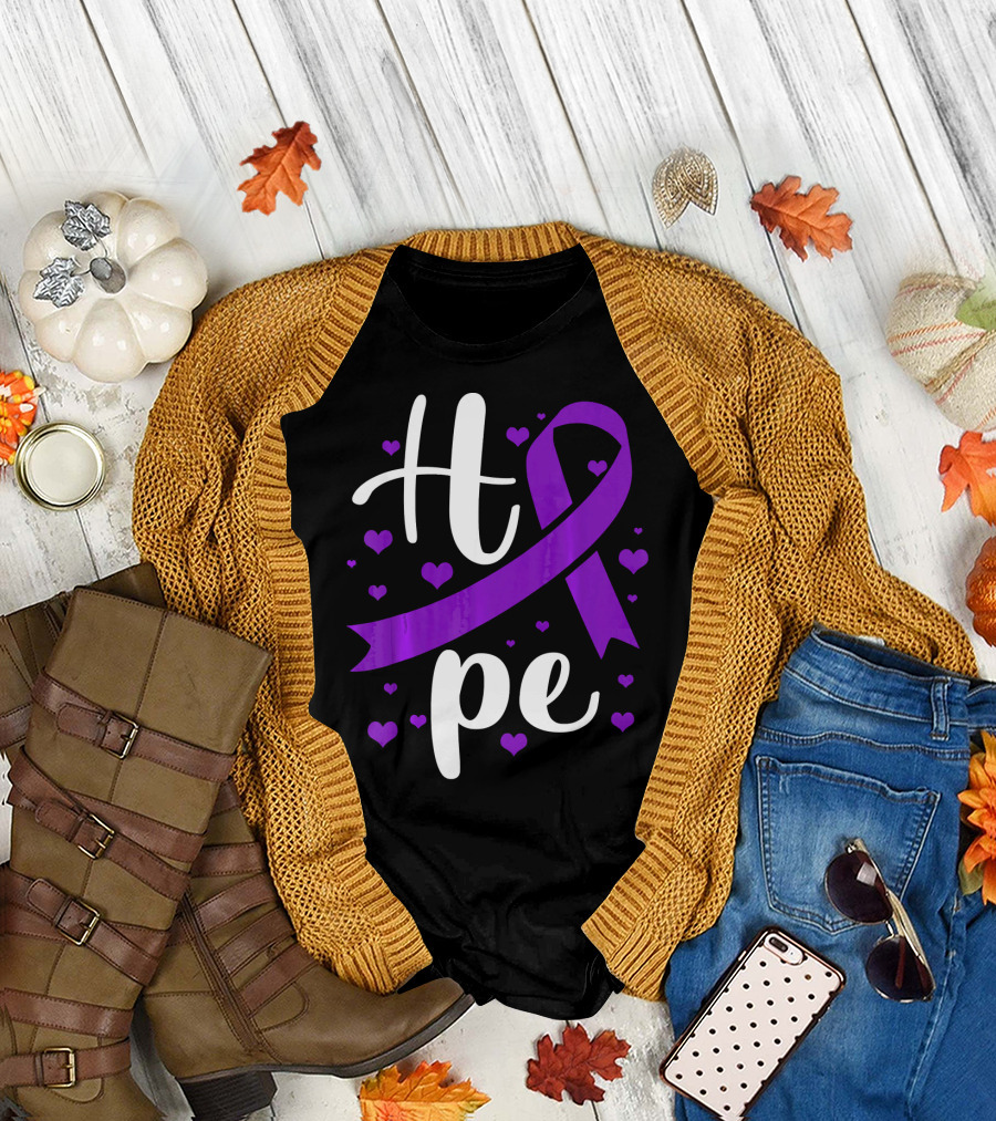 Hope Pancreatic Cancer Awareness Women Purple Ribbon Hearts T-Shirt
