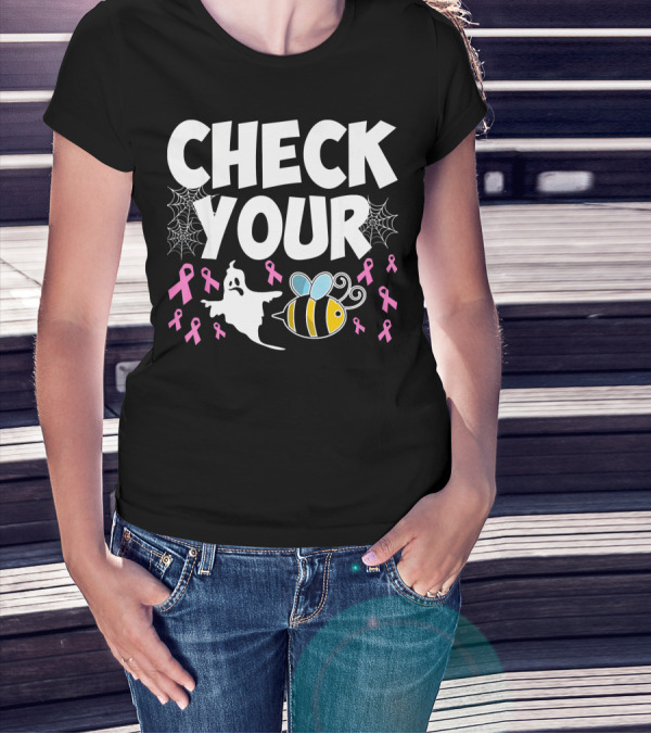 CHECK YOUR BOO BEES Breast Cancer Awareness Halloween Ghost And Bee With Ribbons T-Shirt