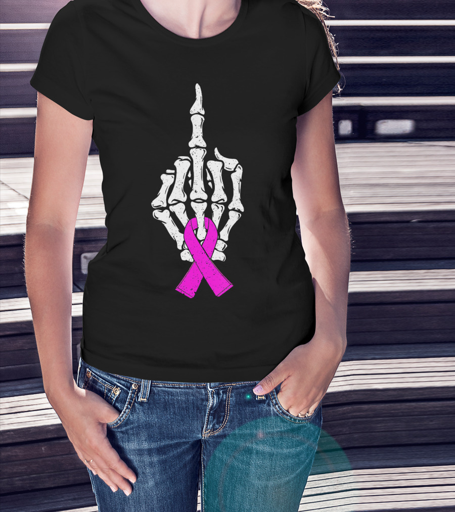 Breast Cancer Skeleton Middle Finger Pink Ribbon Awareness T-Shirt