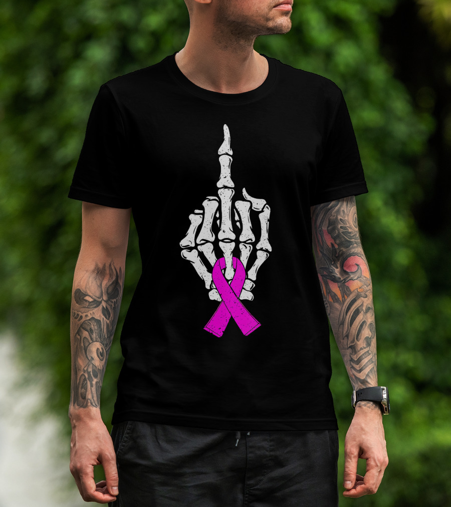 Breast Cancer Skeleton Middle Finger Pink Ribbon Awareness T-Shirt