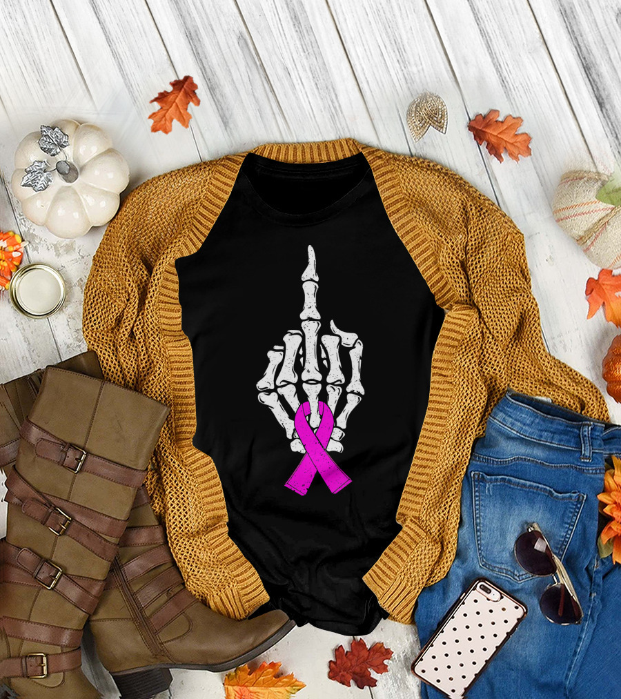 Breast Cancer Skeleton Middle Finger Pink Ribbon Awareness T-Shirt