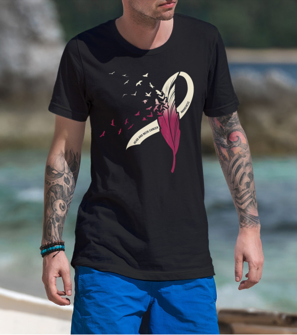 Head And Neck Cancer Awareness Feather Ribbon With Birds T-Shirt