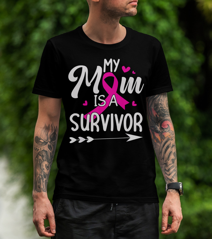 My Mom Is A Survivor Breast Cancer Awareness Pink Ribbon Hearts Arrow T-Shirt