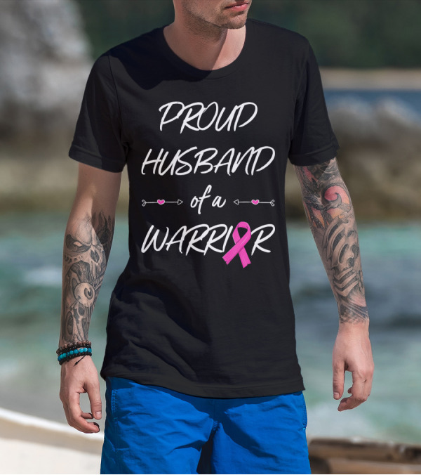 Proud Husband Of A Warrior Breast Cancer Pink Ribbon Hearts T-Shirt
