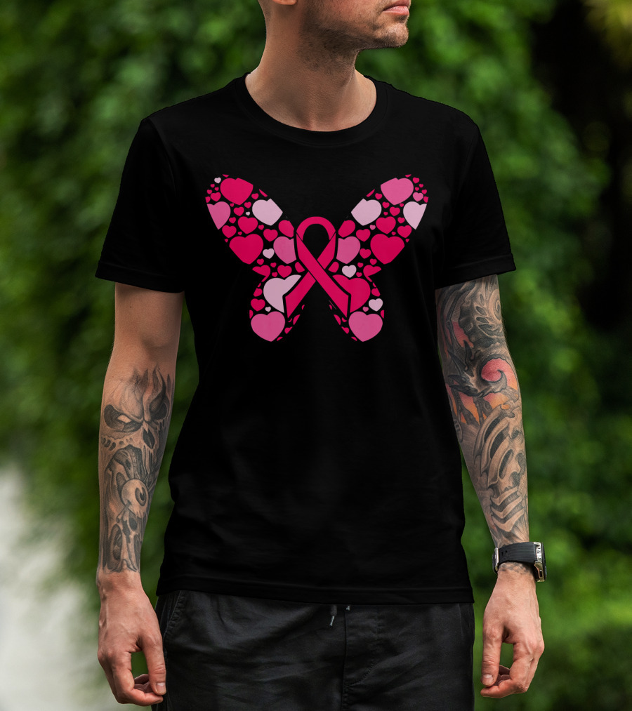 Pink Ribbon Hearts Butterfly Breast Cancer Awareness T-Shirt