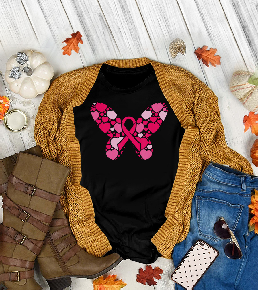 Pink Ribbon Hearts Butterfly Breast Cancer Awareness T-Shirt