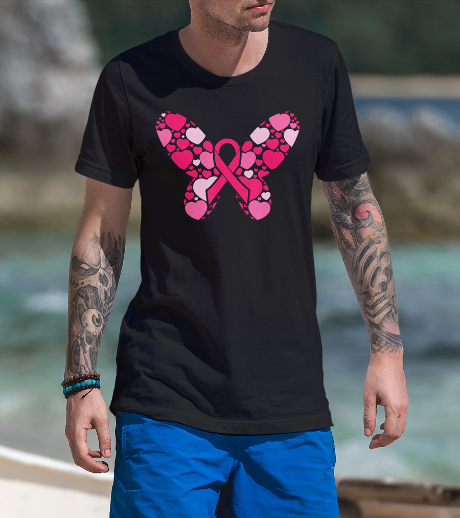 Pink Ribbon Hearts Butterfly Breast Cancer Awareness T-Shirt
