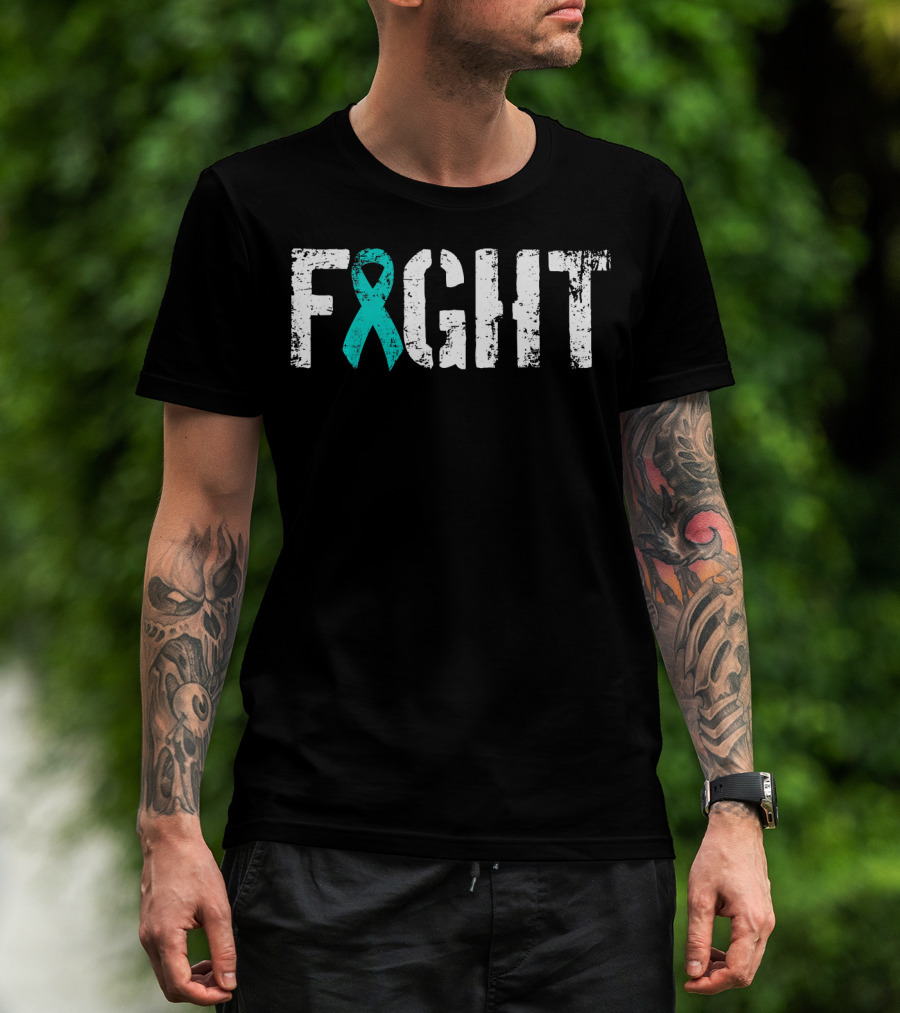 Fight Ovarian Cancer Teal Ribbon Combat T-Shirt