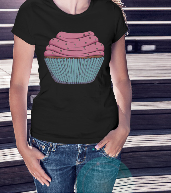 Cupcake Pink Swirled Icing Blue Wrapper T-Shirt