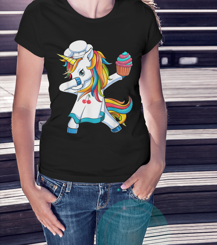 Dabbing Unicorn Rainbow Chef With Cupcake T-Shirt