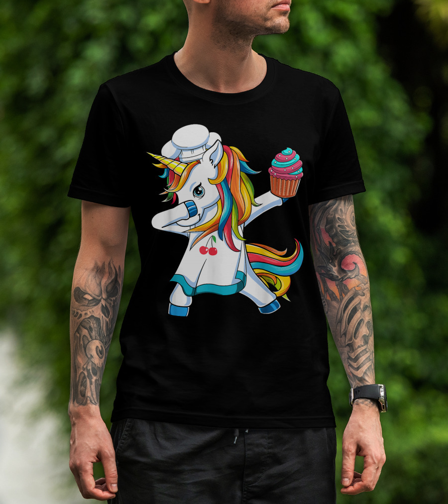 Dabbing Unicorn Rainbow Chef With Cupcake T-Shirt